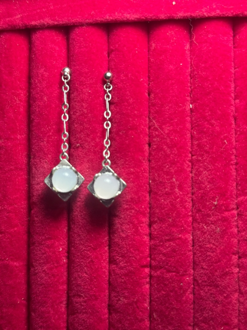 Silver Tone Drop Earrings with White Moon Stone